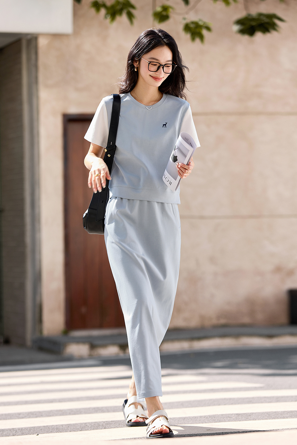 Casual-Chic Fake Two-Piece Top with High-Waist Skirt Set