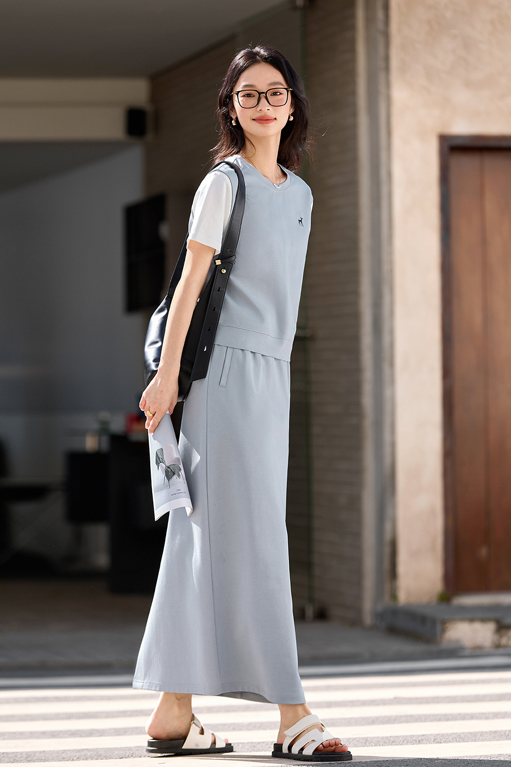 Casual-Chic Fake Two-Piece Top with High-Waist Skirt Set