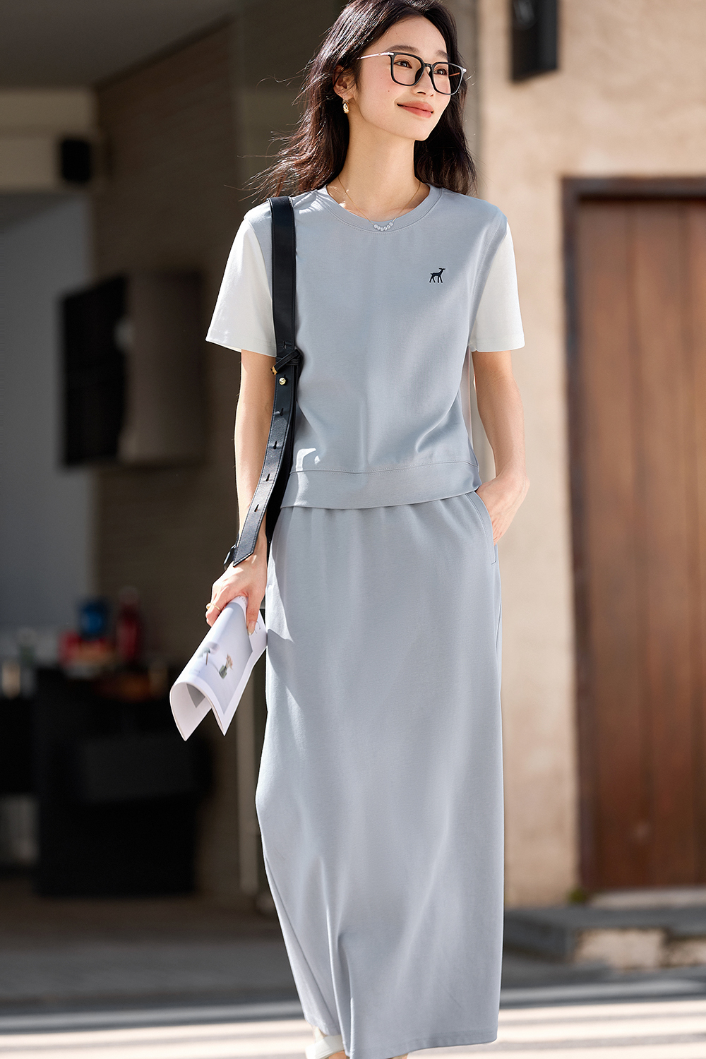 Casual-Chic Fake Two-Piece Top with High-Waist Skirt Set