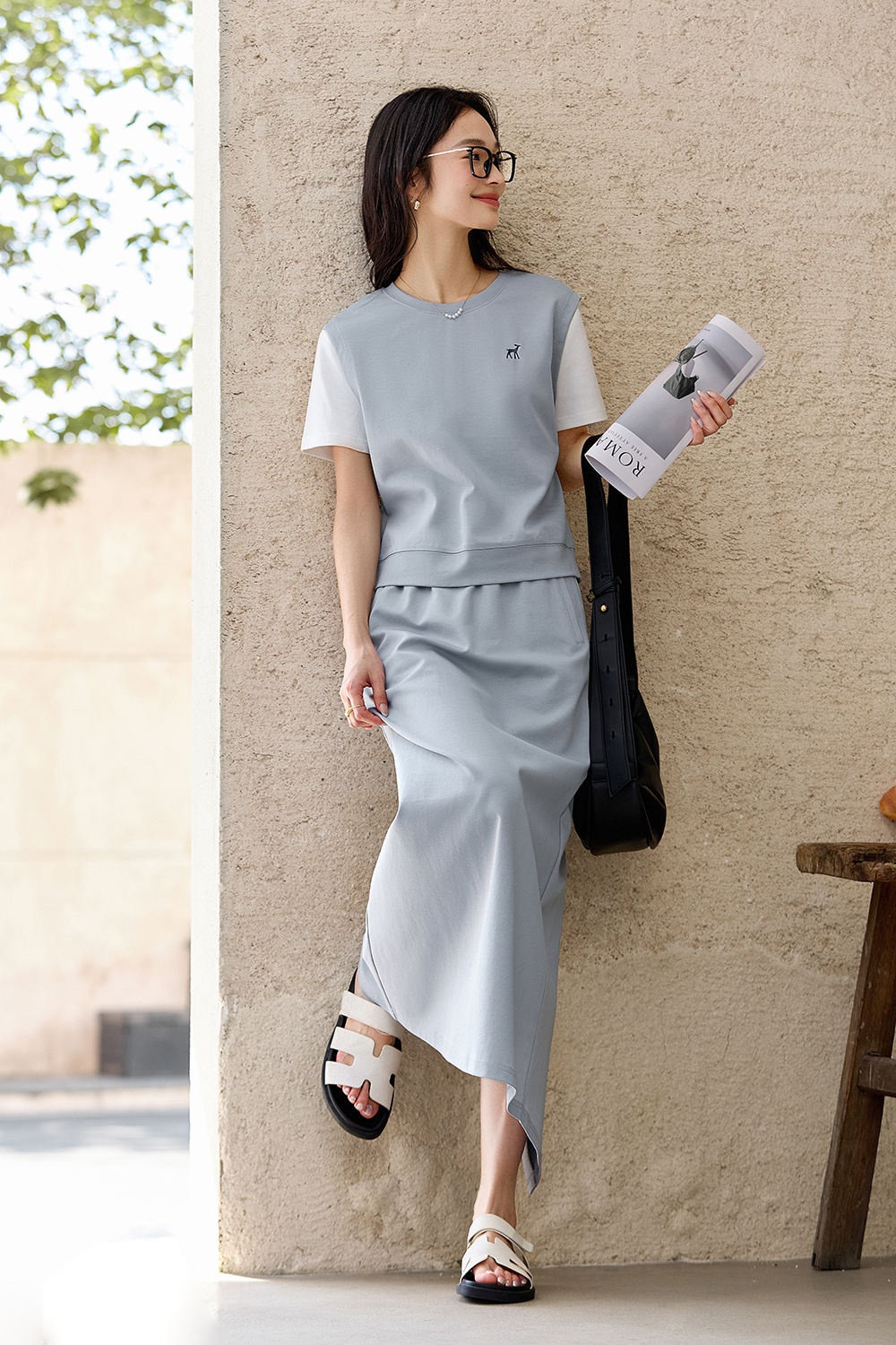 Casual-Chic Fake Two-Piece Top with High-Waist Skirt Set