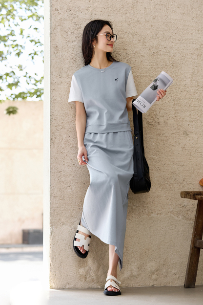 Casual-Chic Fake Two-Piece Top with High-Waist Skirt Set