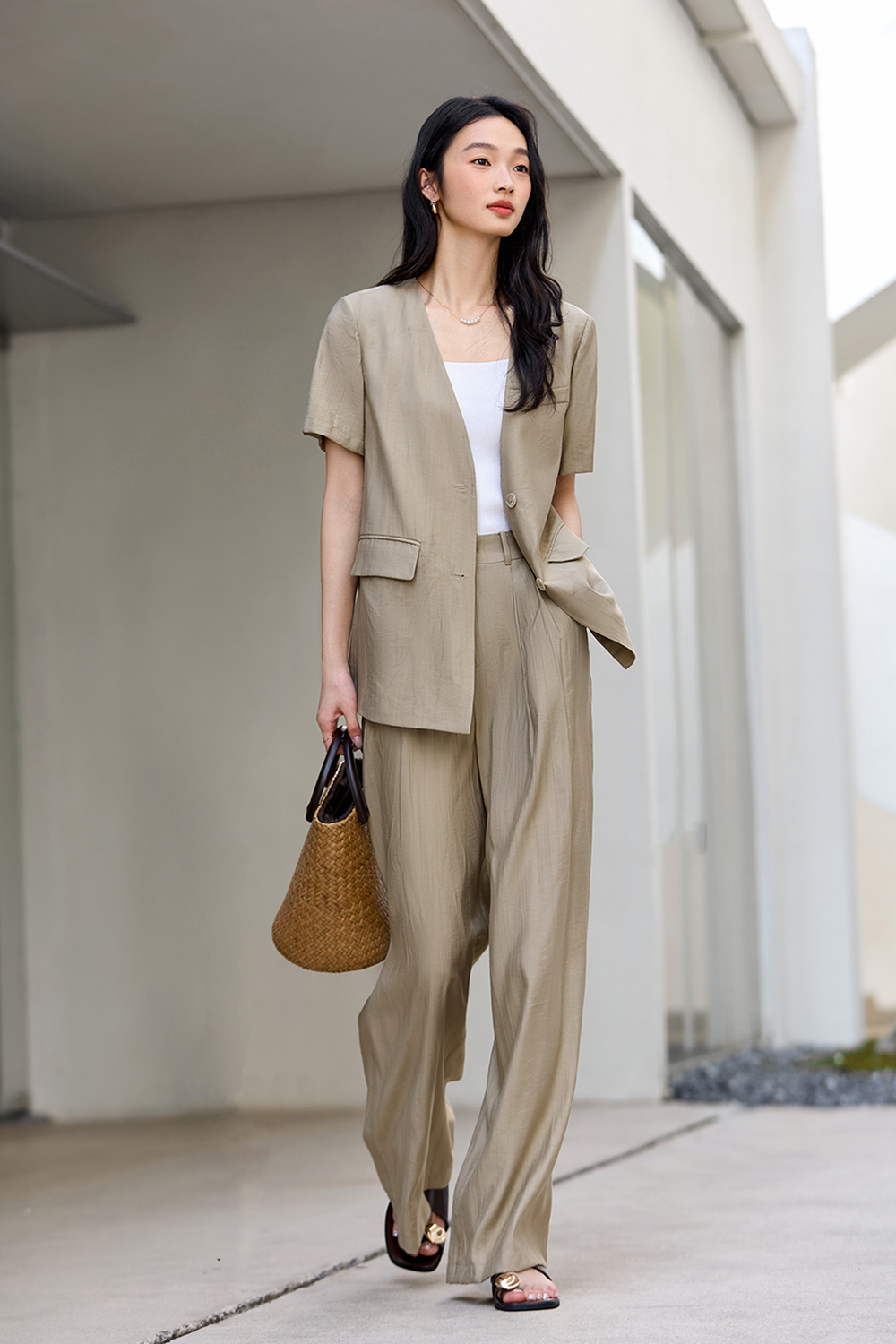 Casual-Commute V-Neck Blazer with High-Waist Wide-Leg Pants Set