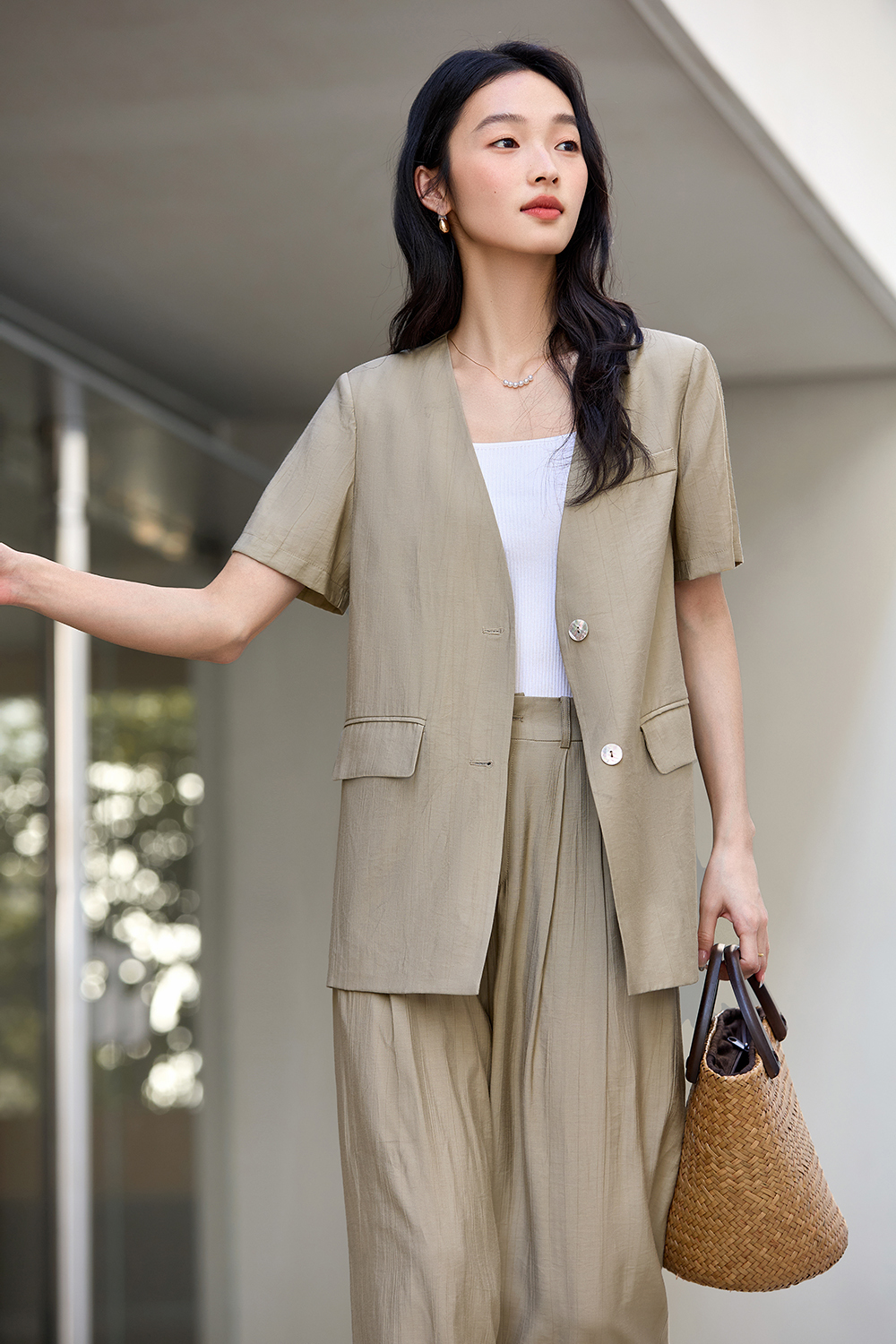 Casual-Commute V-Neck Blazer with High-Waist Wide-Leg Pants Set