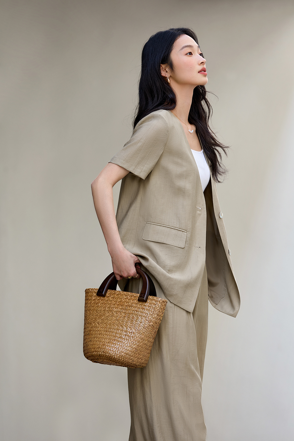 Casual-Commute V-Neck Blazer with High-Waist Wide-Leg Pants Set