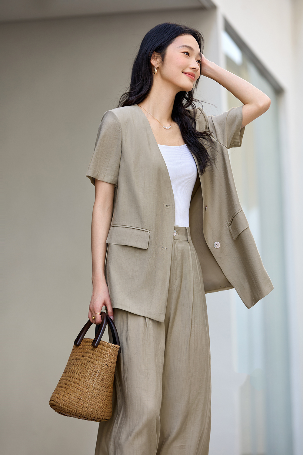 Casual-Commute V-Neck Blazer with High-Waist Wide-Leg Pants Set