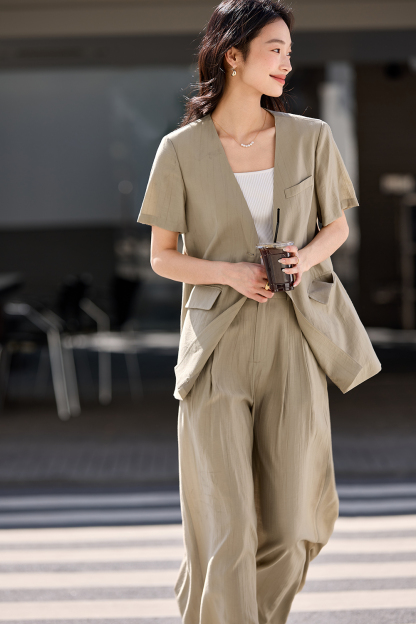 Casual-Commute V-Neck Blazer with High-Waist Wide-Leg Pants Set