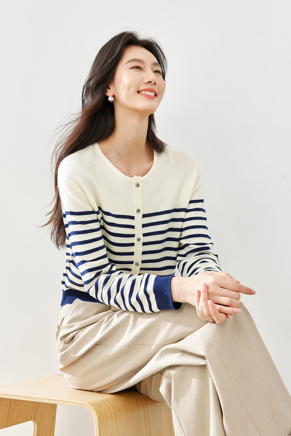 Apricot Blue Striped Knit Cardigan-VIMLYSTORE