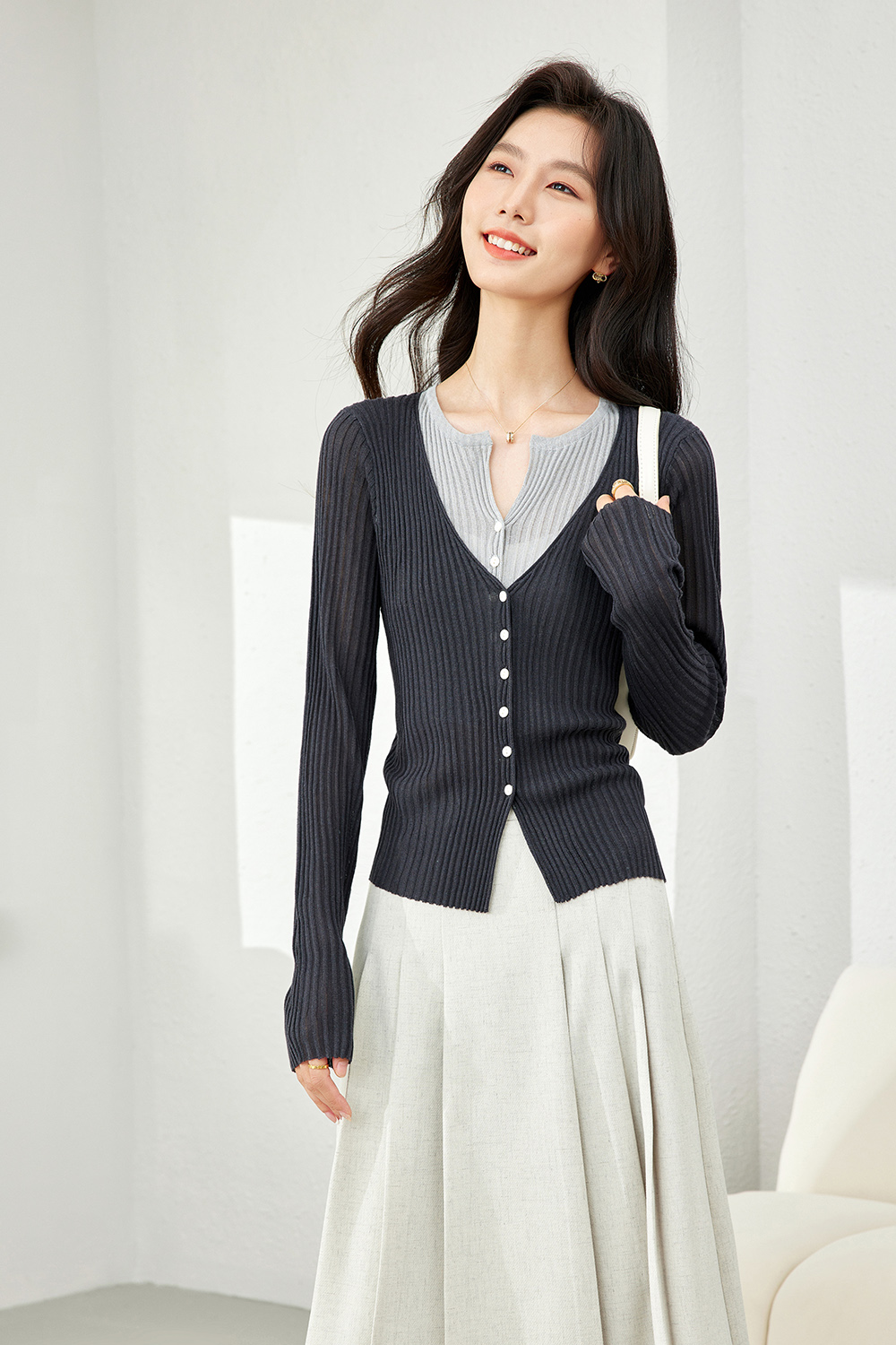 Collar Patchwork with Contrast Knit Cardigan-VIMLYSTORE