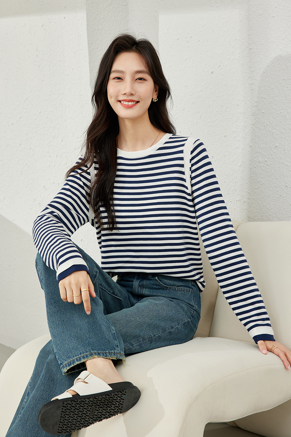 Round Neck Striped Knit Sweater-VIMLYSTORE