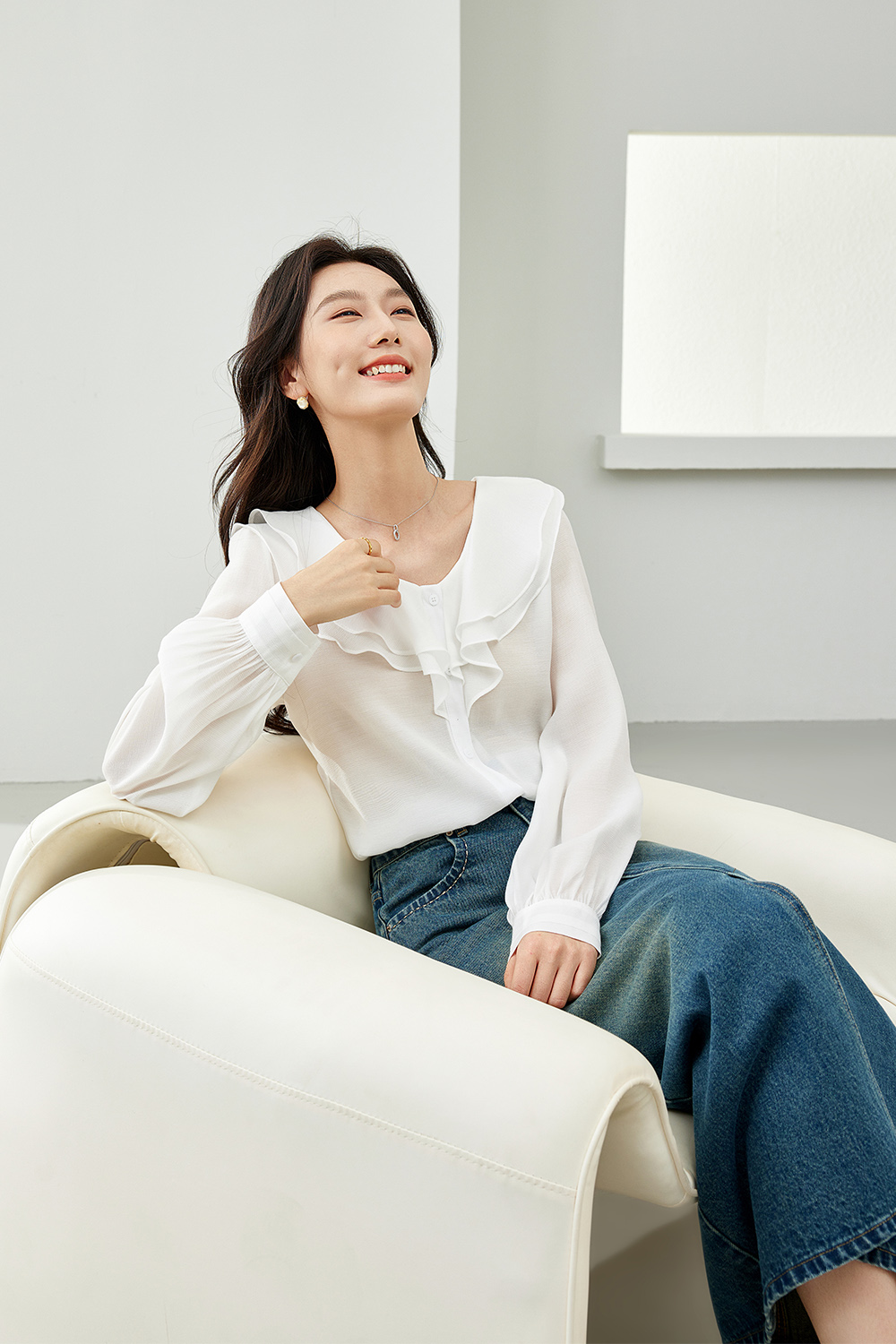 Ruffle Collar Solid Color Chiffon Shirt-VIMLYSTORE