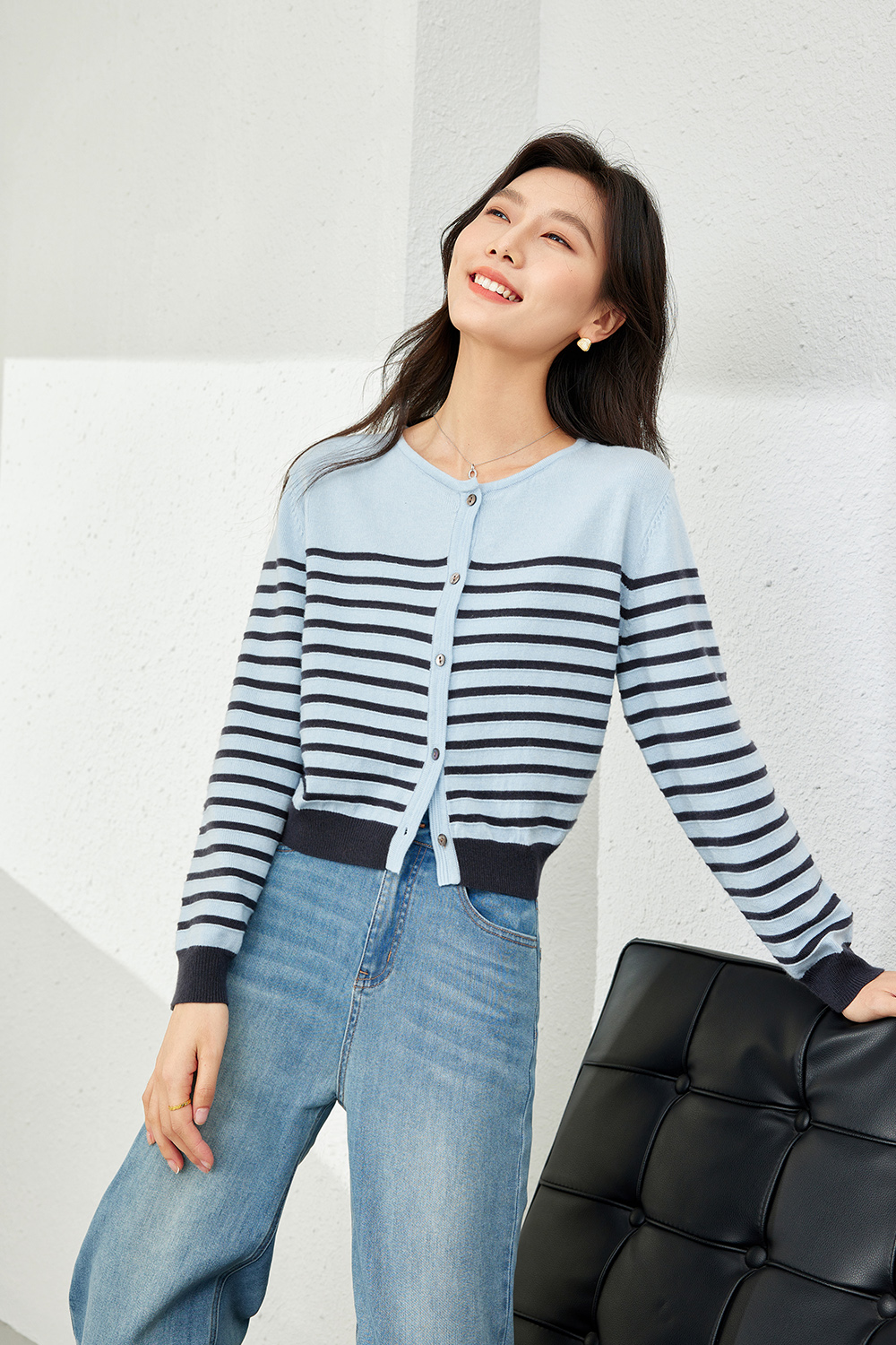 Apricot Blue Striped Knit Cardigan-VIMLYSTORE