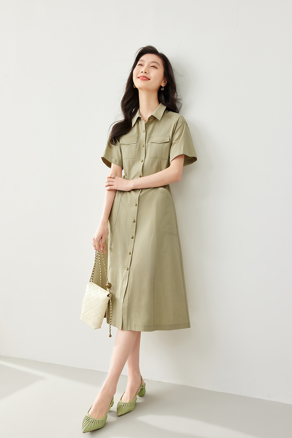 Polo Collar Shirt Dress-VIMLYSTORE