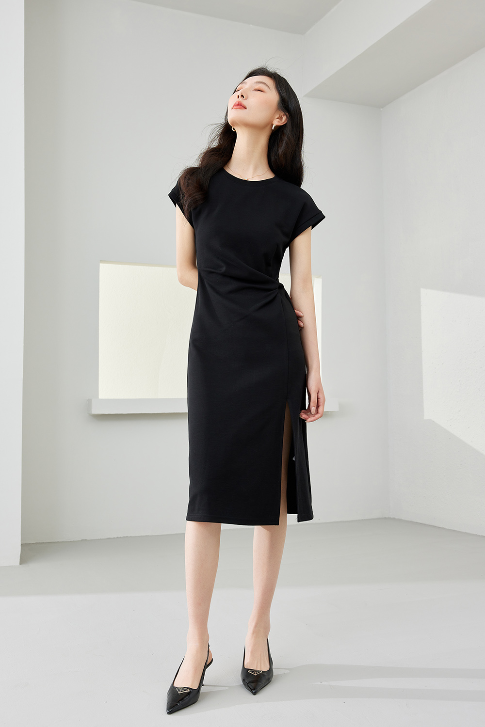 Pleated Cinched Waist Dress