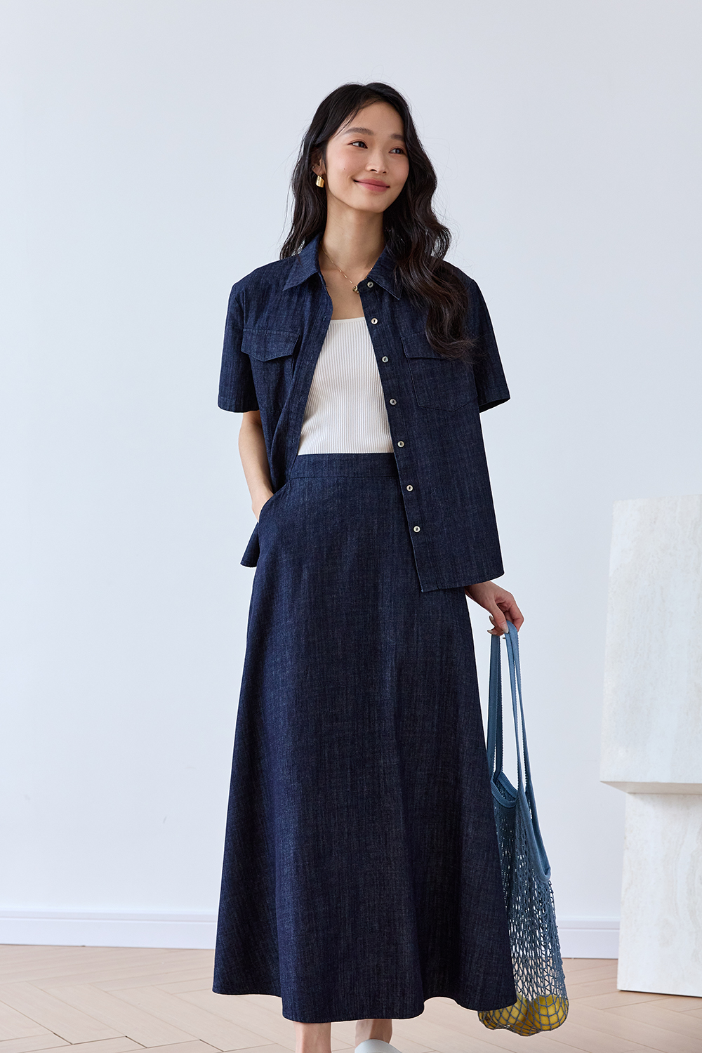 Office-Chic Denim Shacket & A-Line Skirt Set-VIMLYSTORE