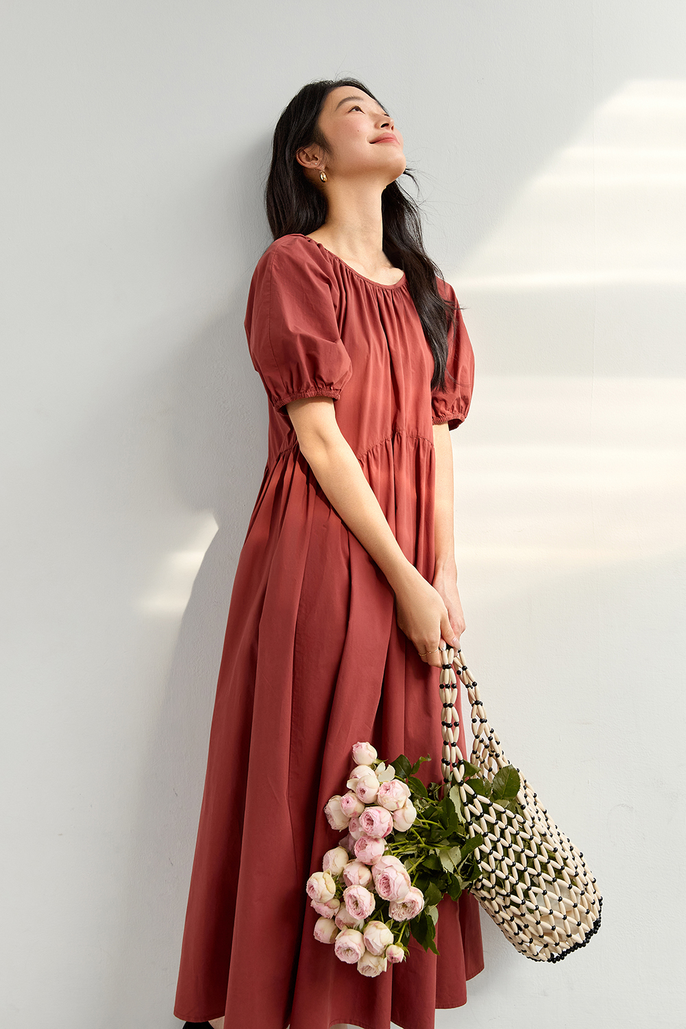 Minimalist Cotton Puff-Sleeve Relaxed Dress-VIMLYSTORE