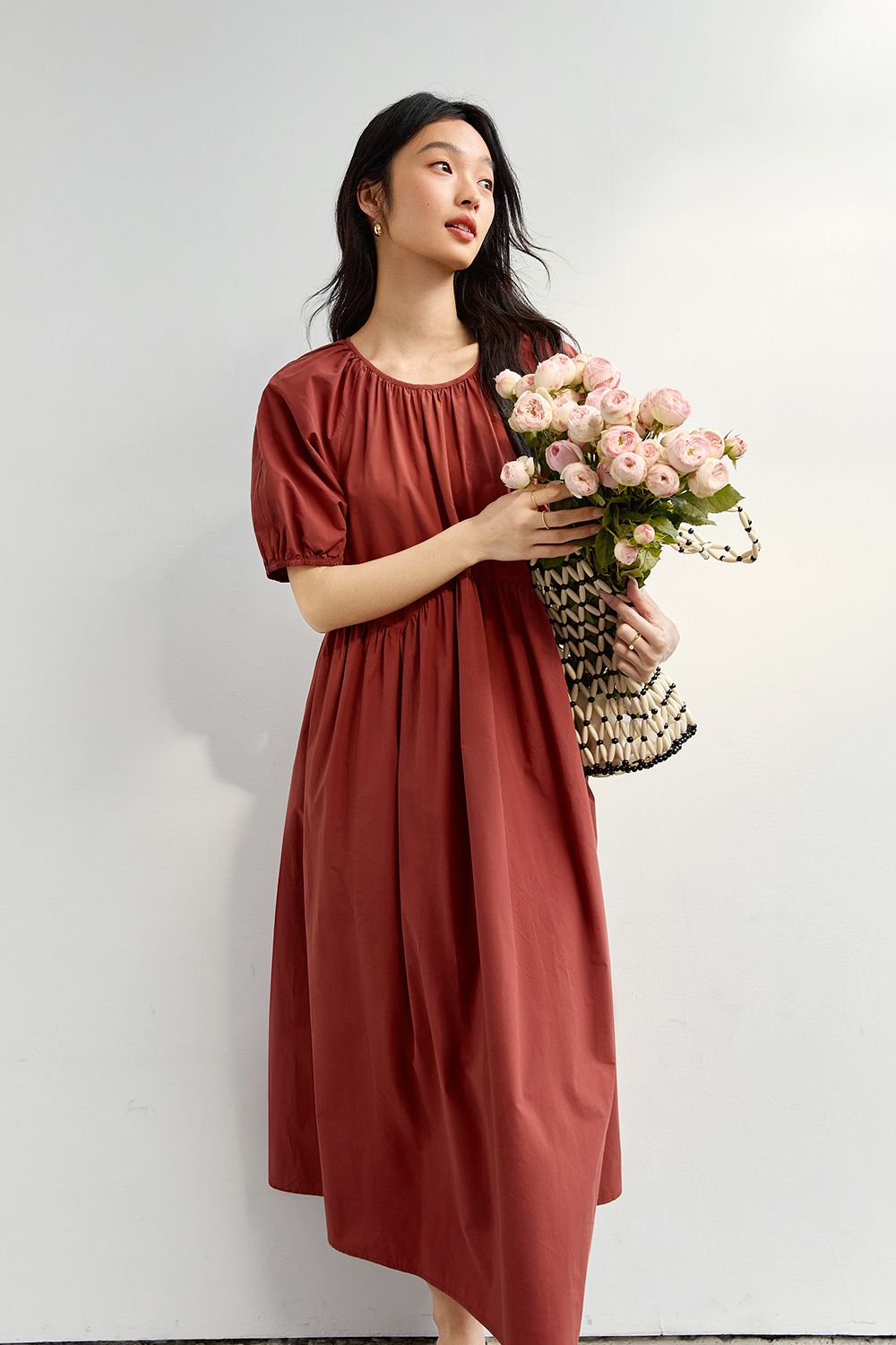 Minimalist Cotton Puff-Sleeve Relaxed Dress-VIMLYSTORE