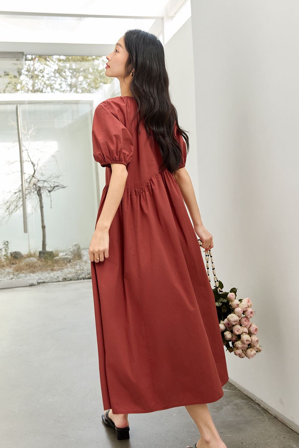 Minimalist Cotton Puff-Sleeve Relaxed Dress-VIMLYSTORE