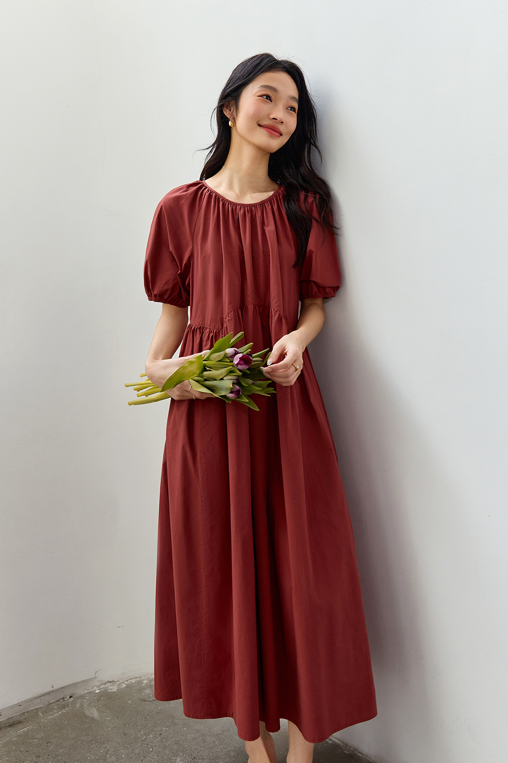 Minimalist Cotton Puff-Sleeve Relaxed Dress-VIMLYSTORE