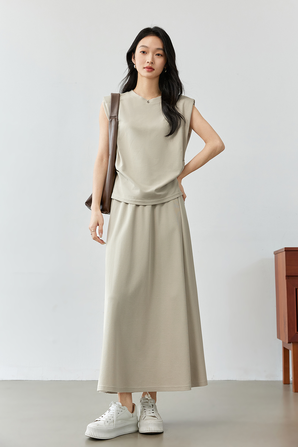 Round Neck Embroidered Top with A-Line Skirt Set