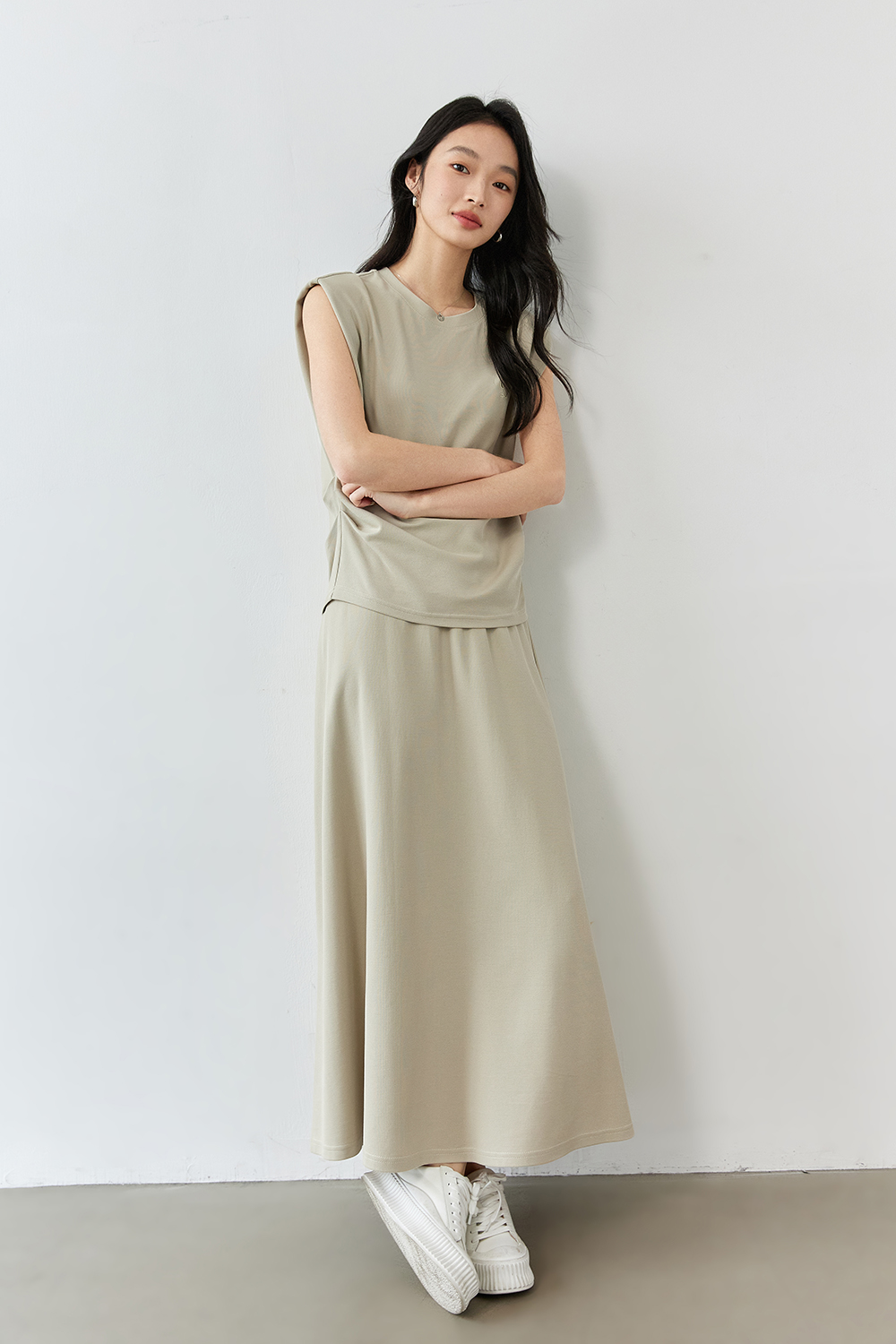 Round Neck Embroidered Top with A-Line Skirt Set