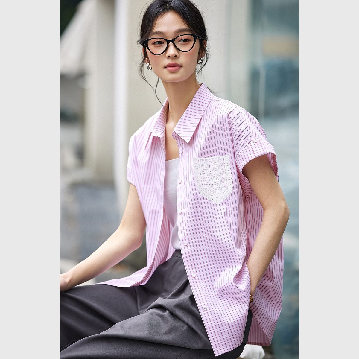 Lace Pocket Striped Shirt