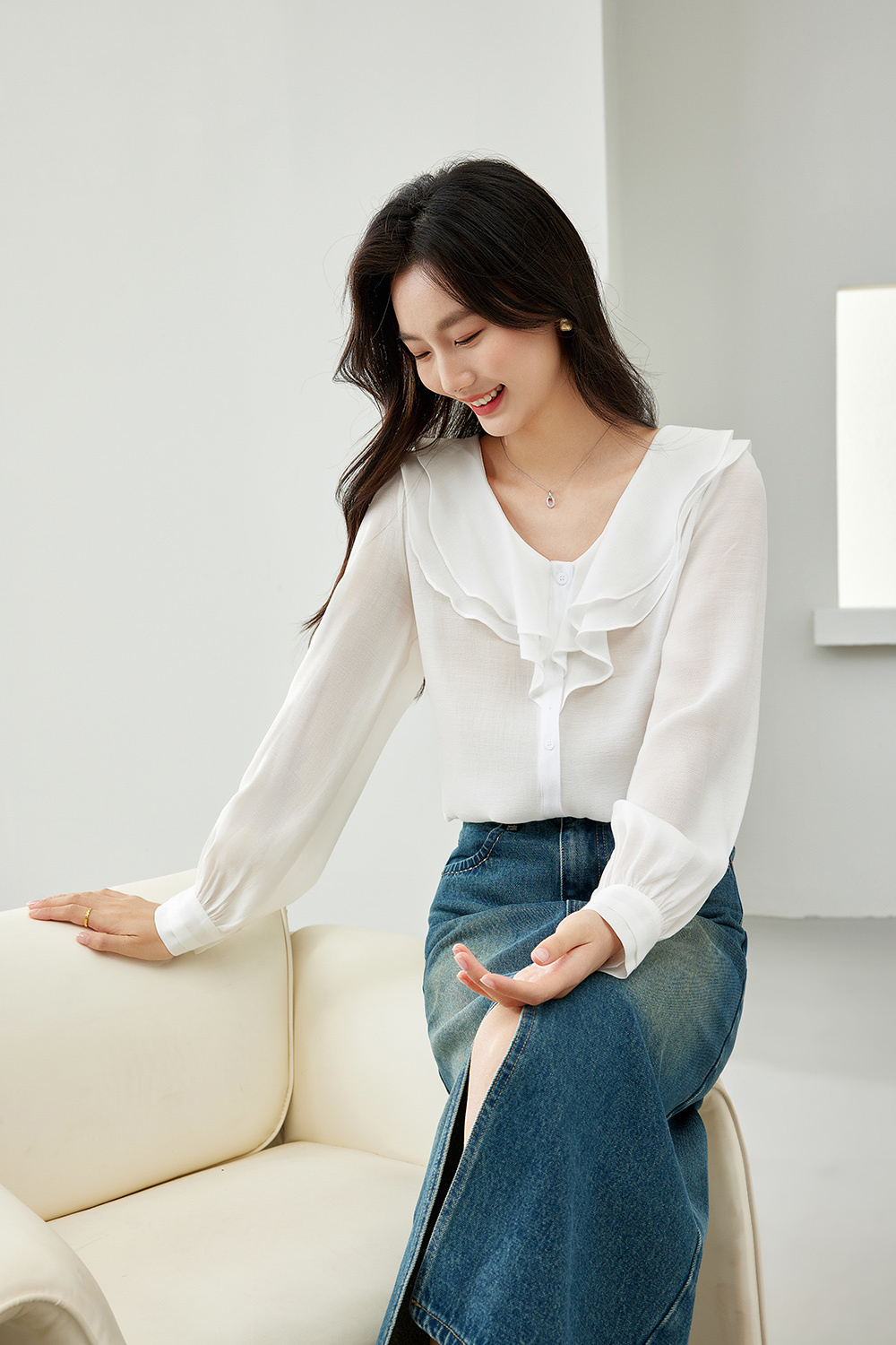 Ruffle Collar Solid Color Chiffon Shirt-VIMLYSTORE