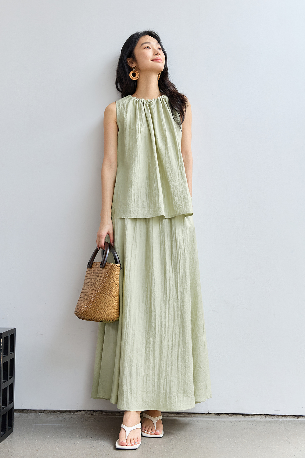 French-Casual Round Neck Sleeveless Top with Flowy Skirt Set-VIMLYSTORE