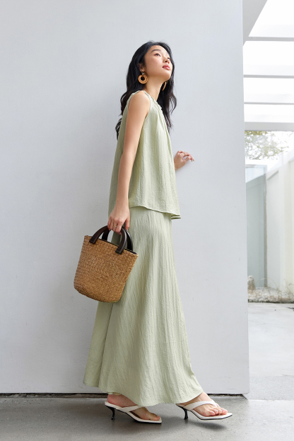 French-Casual Round Neck Sleeveless Top with Flowy Skirt Set-VIMLYSTORE