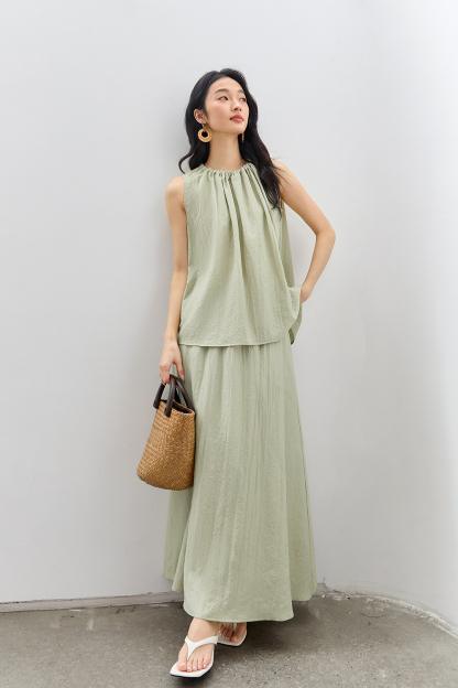 French-Casual Round Neck Sleeveless Top with Flowy Skirt Set-VIMLYSTORE