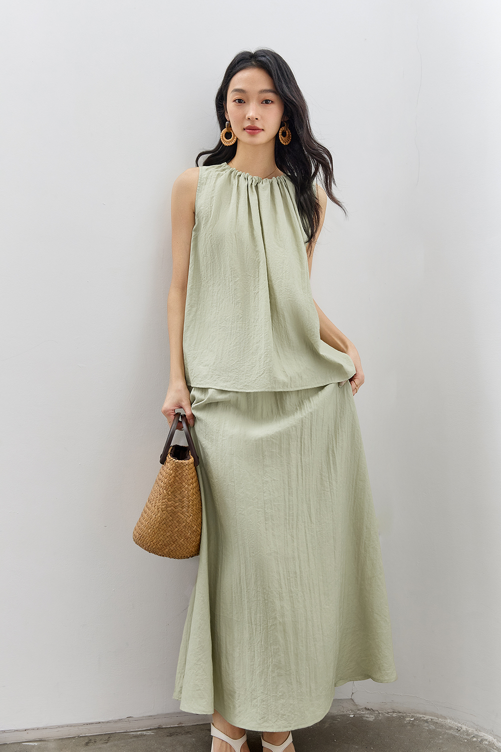 French-Casual Round Neck Sleeveless Top with Flowy Skirt Set-VIMLYSTORE