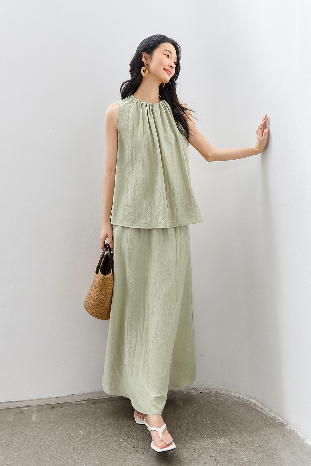 French-Casual Round Neck Sleeveless Top with Flowy Skirt Set-VIMLYSTORE