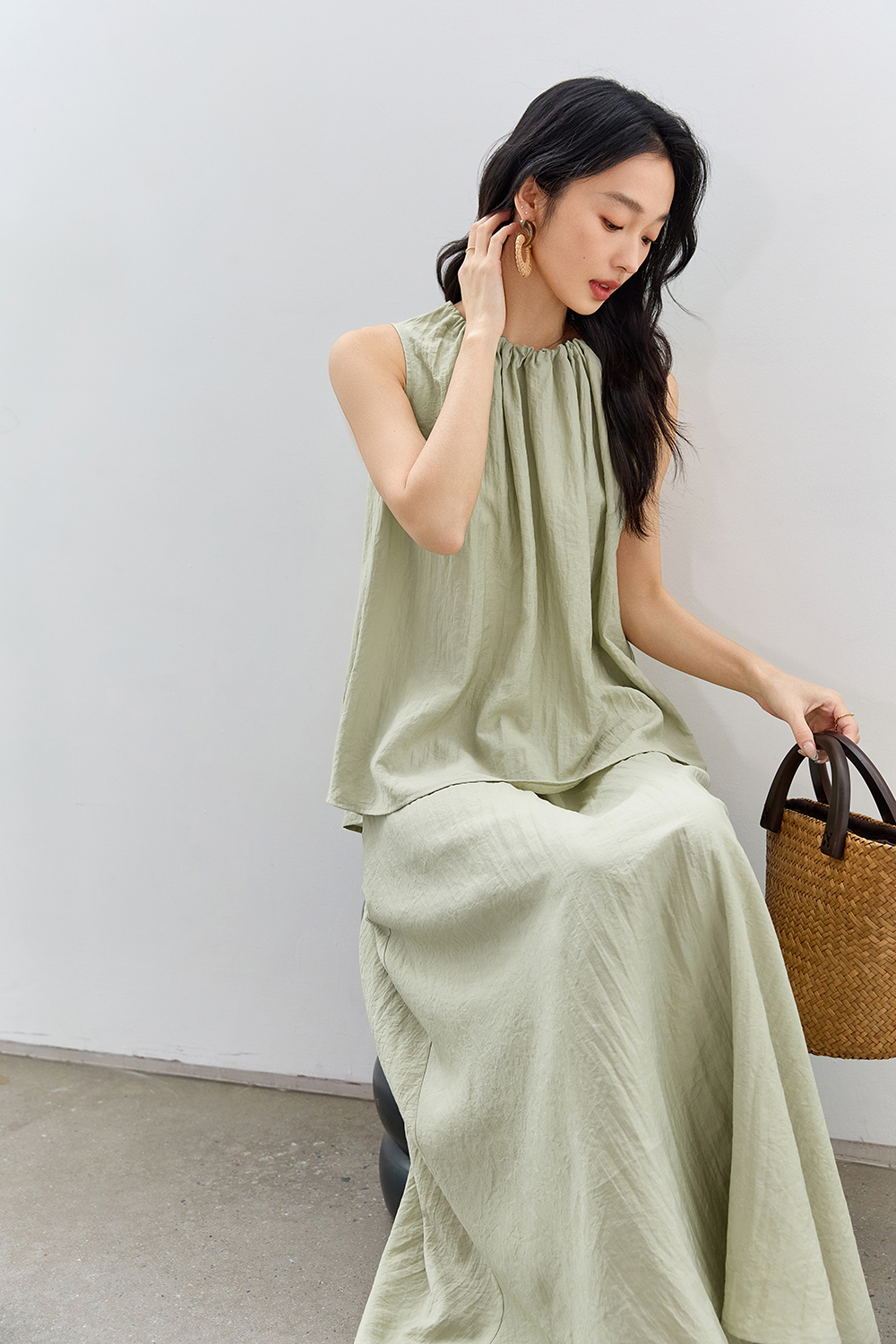 French-Casual Round Neck Sleeveless Top with Flowy Skirt Set-VIMLYSTORE