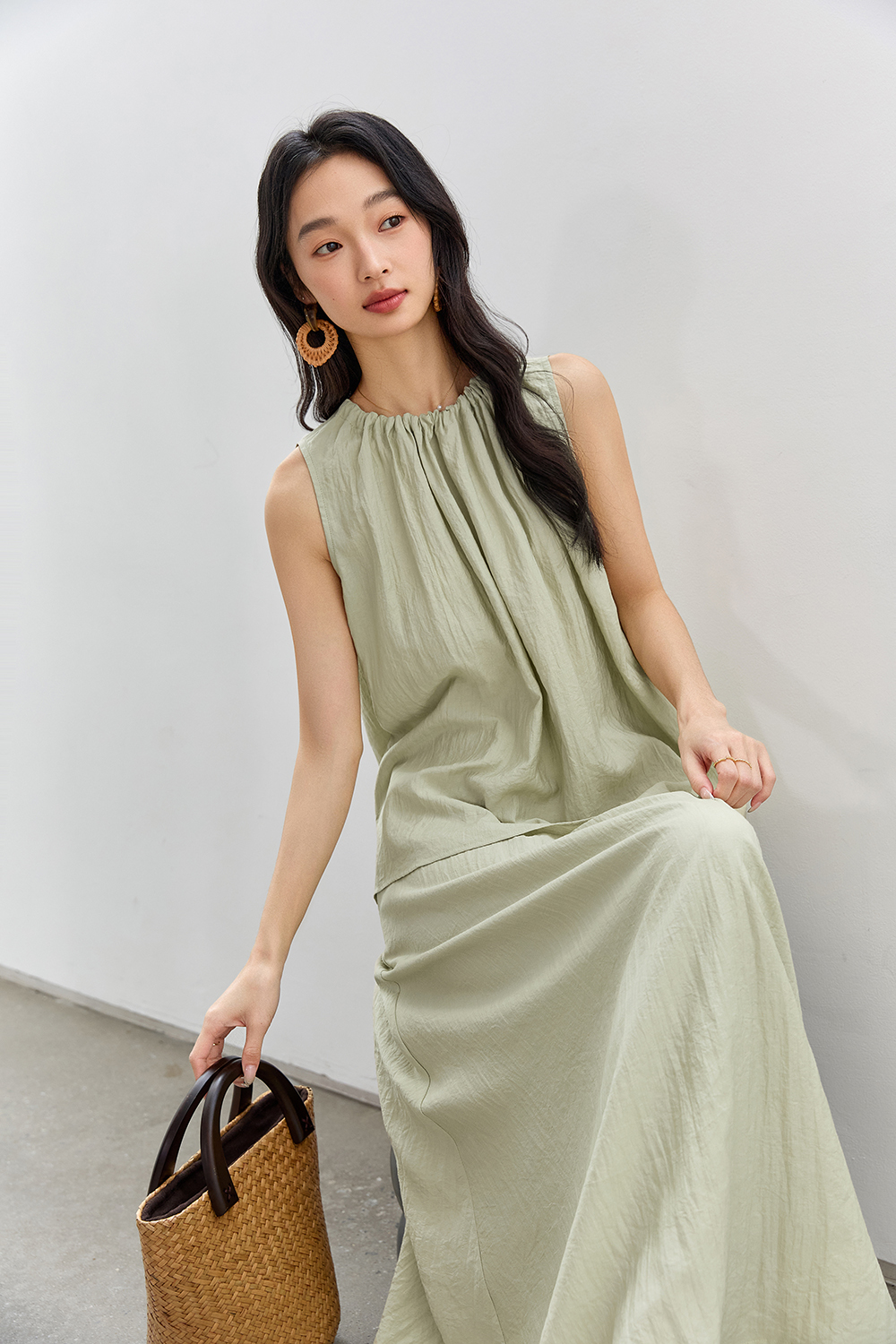French-Casual Round Neck Sleeveless Top with Flowy Skirt Set-VIMLYSTORE
