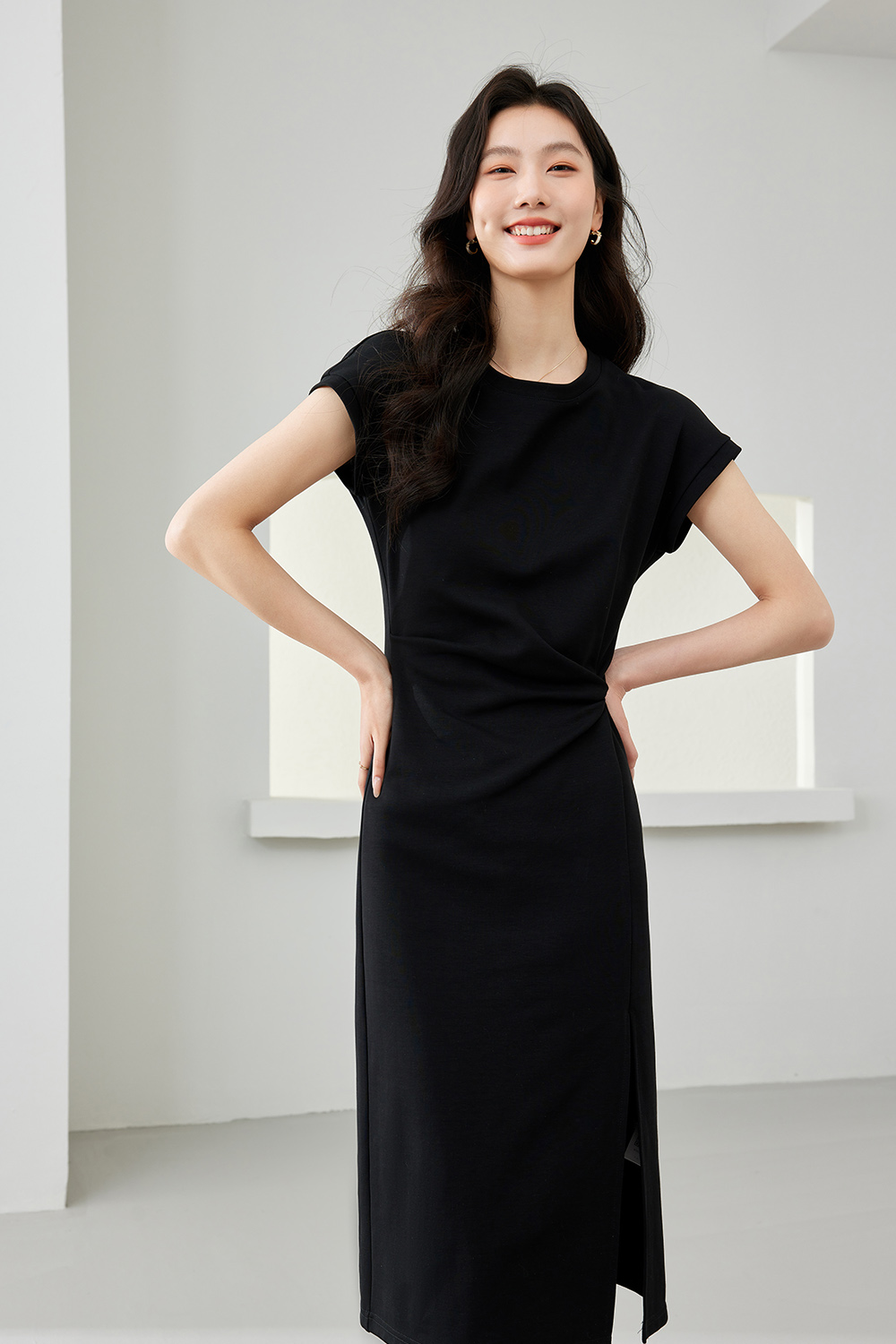 Pleated Cinched Waist Dress