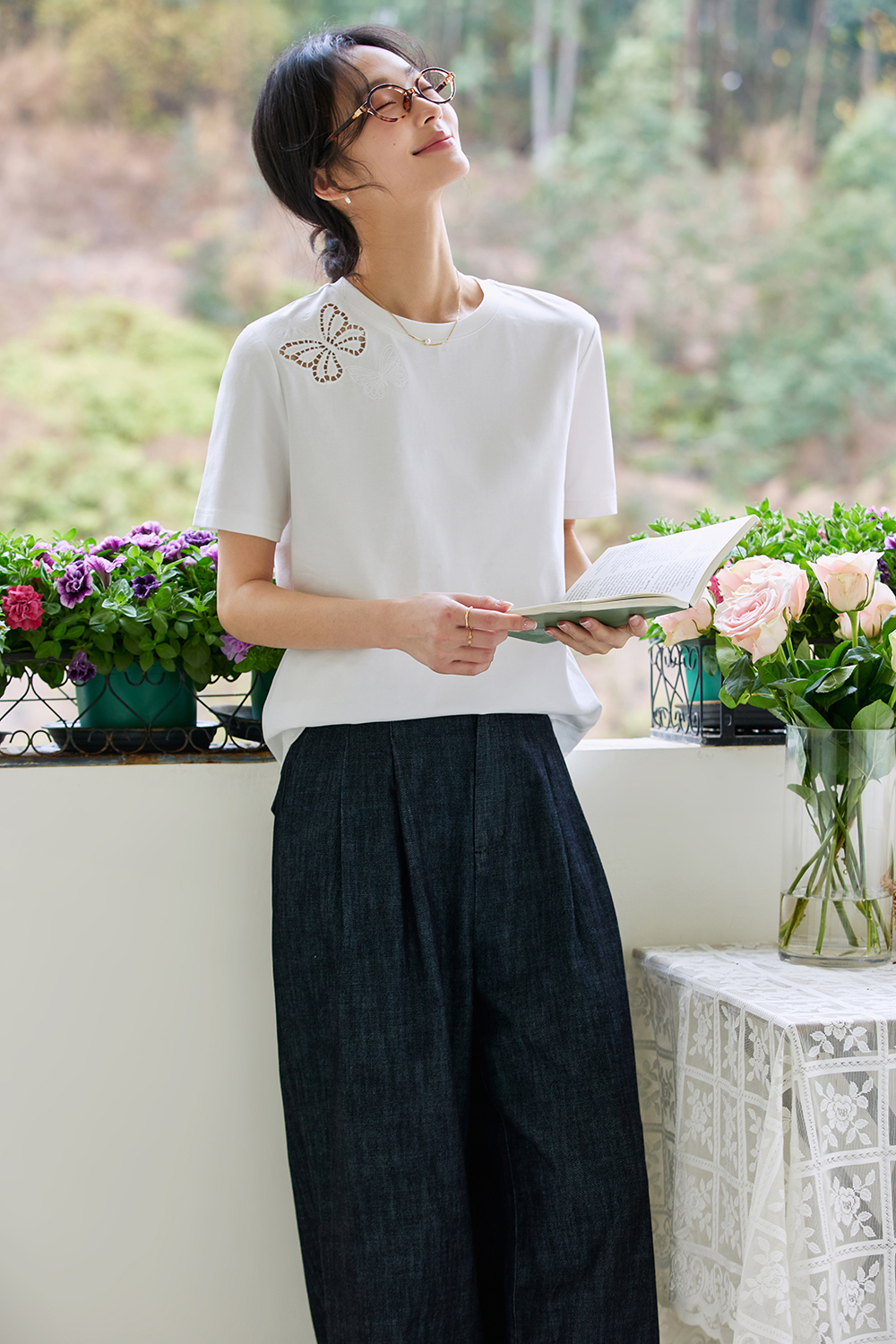 Cotton Round Neck Short-Sleeve Tee with Butterfly Cut-Out Embroidery-VIMLYSTORE