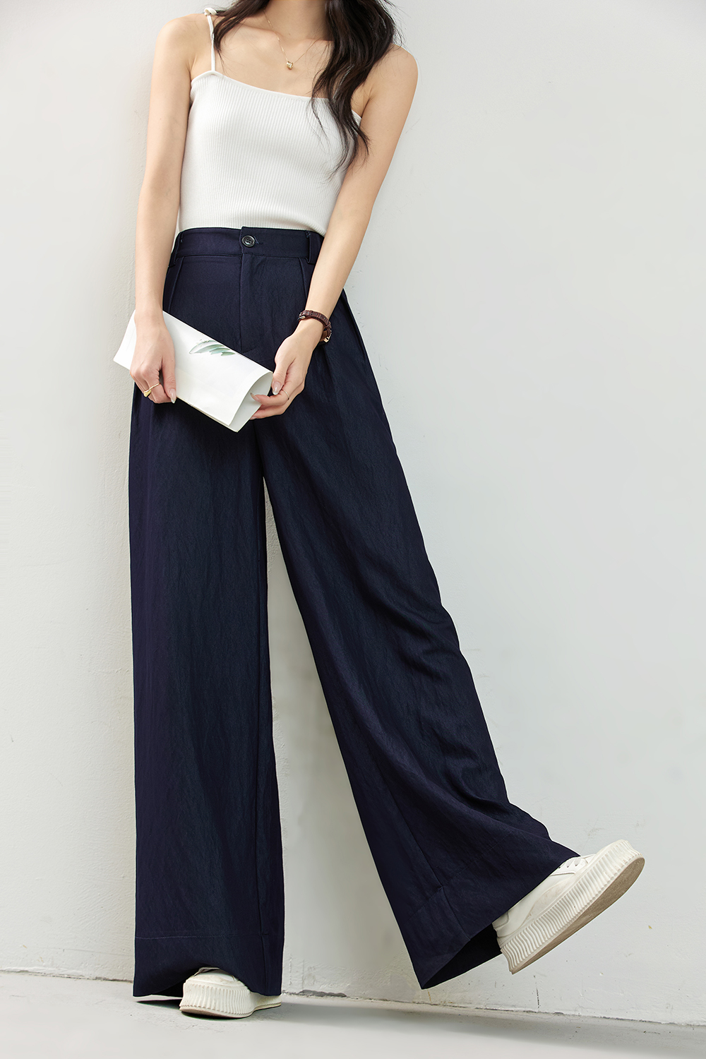 Navy Elastic-Waist Lightweight Wide-Leg Pants-VIMLYSTORE