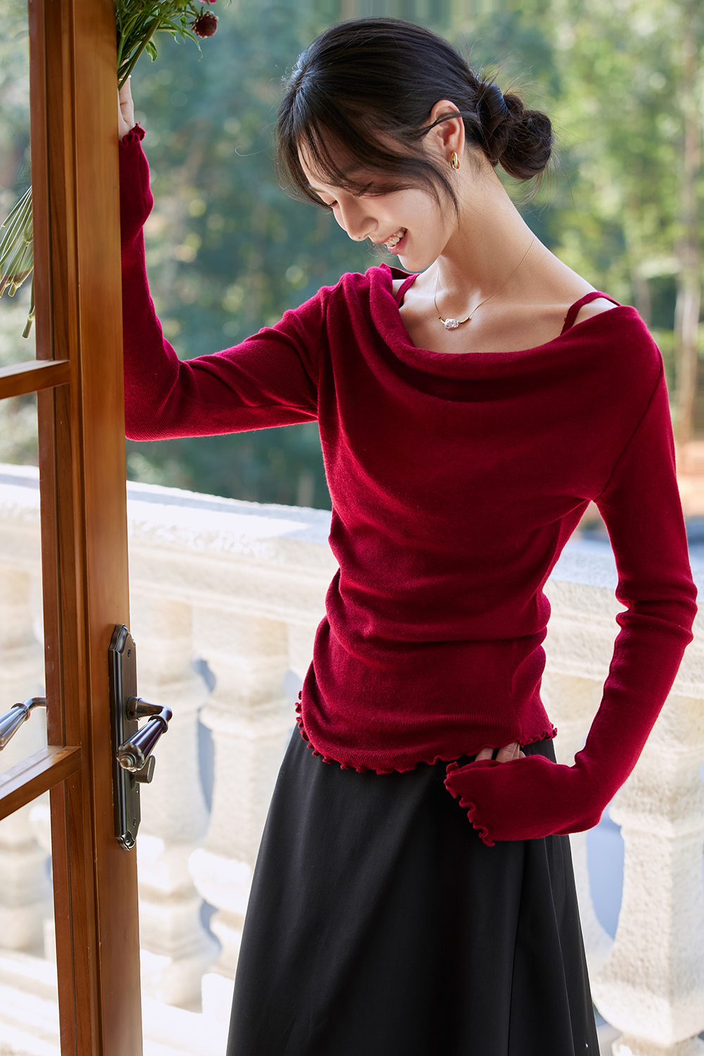Boat-Neck Wool Knit Sweater with Statement Sleeves-VIMLYSTORE