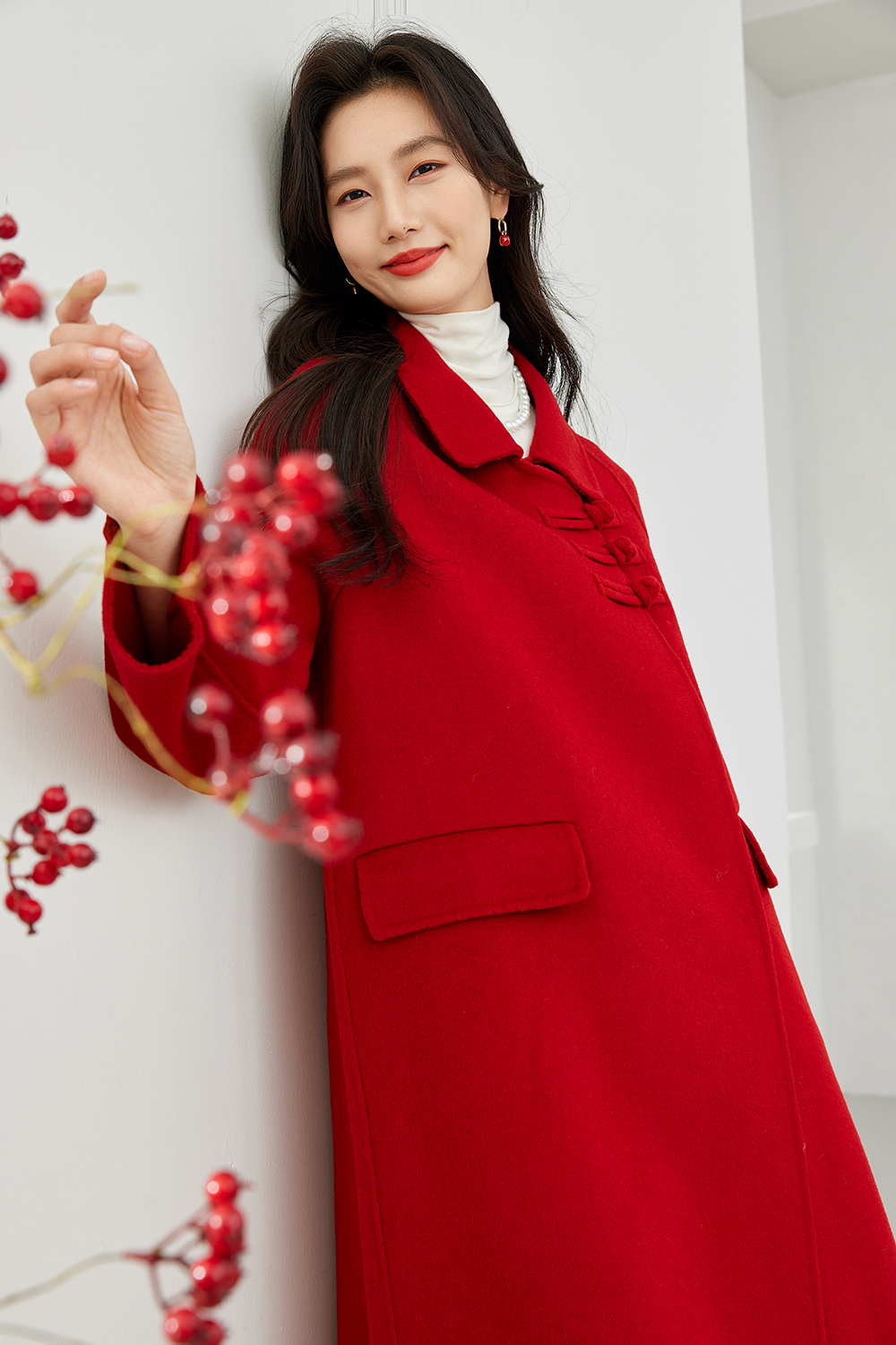 New Chinese Style Red Double-Faced Wool Coat