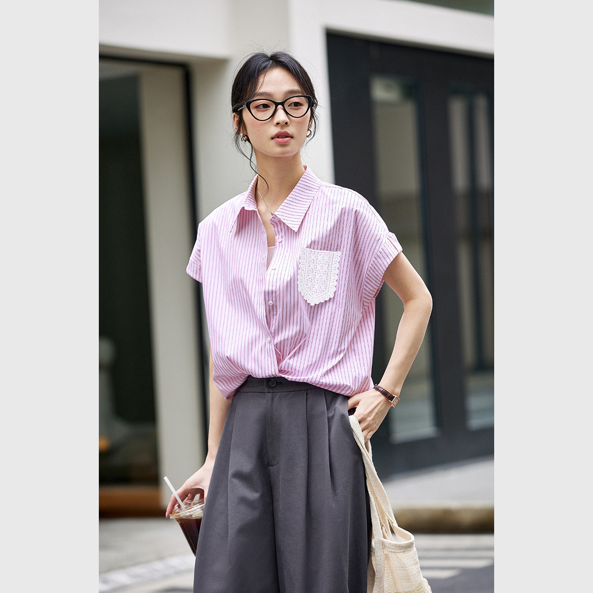 Lace Pocket Striped Shirt