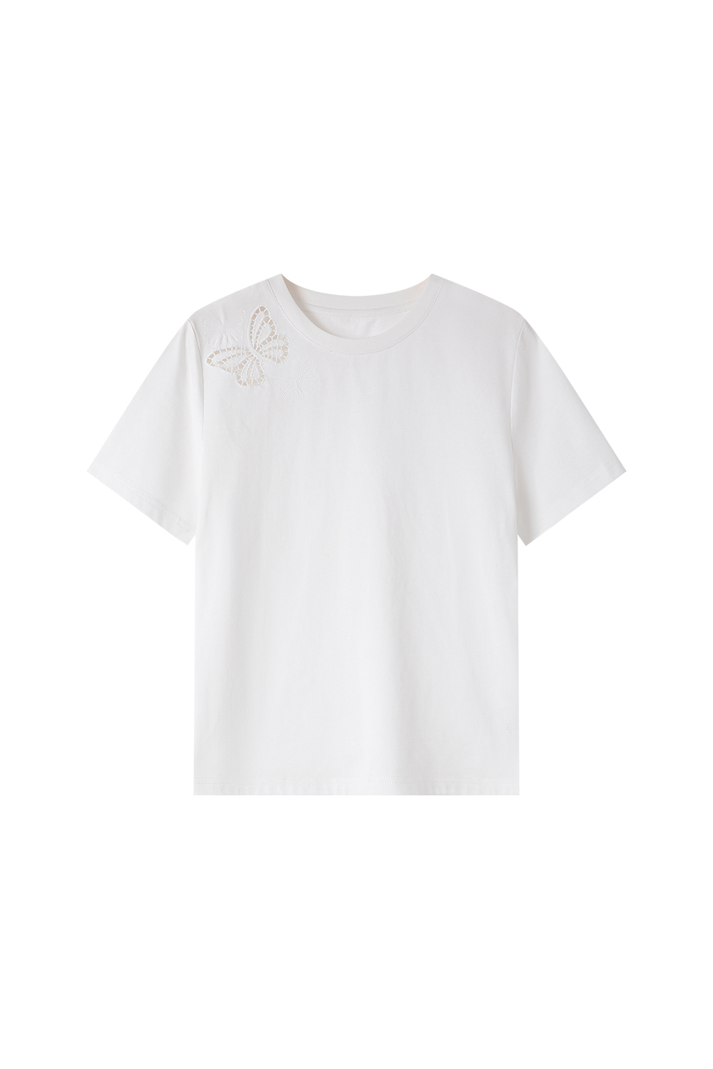 Cotton Round Neck Short-Sleeve Tee with Butterfly Cut-Out Embroidery-VIMLYSTORE