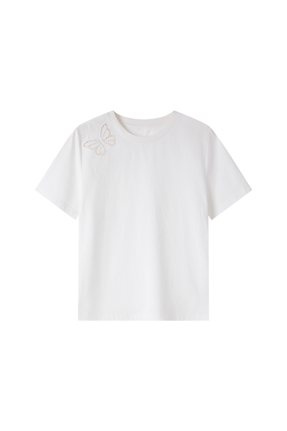 Cotton Round Neck Short-Sleeve Tee with Butterfly Cut-Out Embroidery-VIMLYSTORE