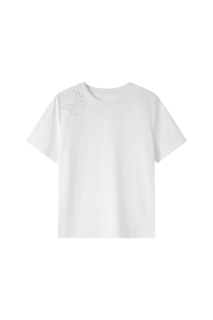 Cotton Round Neck Short-Sleeve Tee with Butterfly Cut-Out Embroidery-VIMLYSTORE