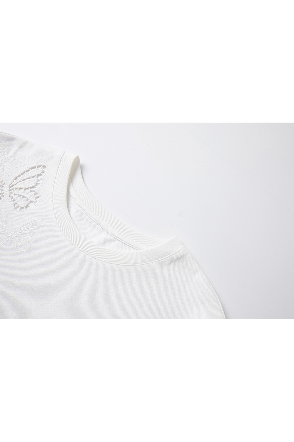 Cotton Round Neck Short-Sleeve Tee with Butterfly Cut-Out Embroidery-VIMLYSTORE