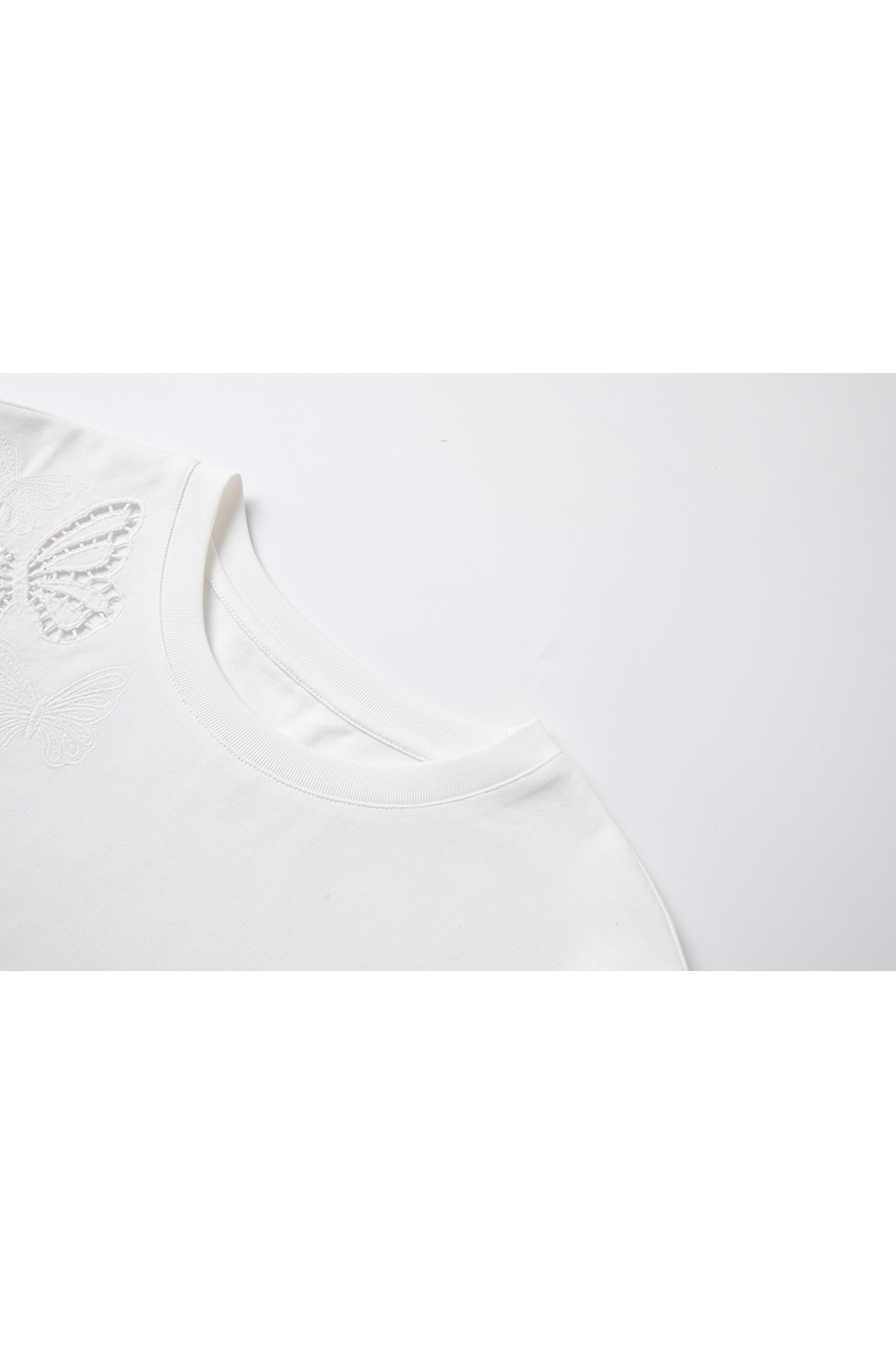 Cotton Round Neck Short-Sleeve Tee with Butterfly Cut-Out Embroidery-VIMLYSTORE