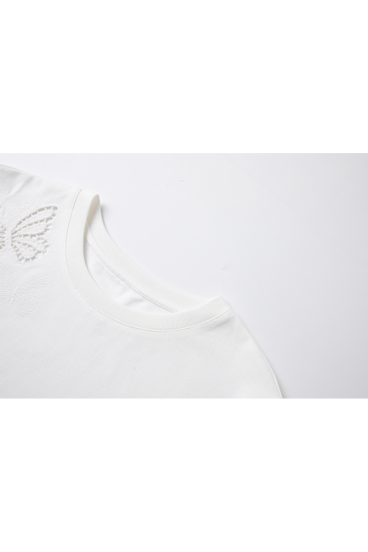 Cotton Round Neck Short-Sleeve Tee with Butterfly Cut-Out Embroidery-VIMLYSTORE