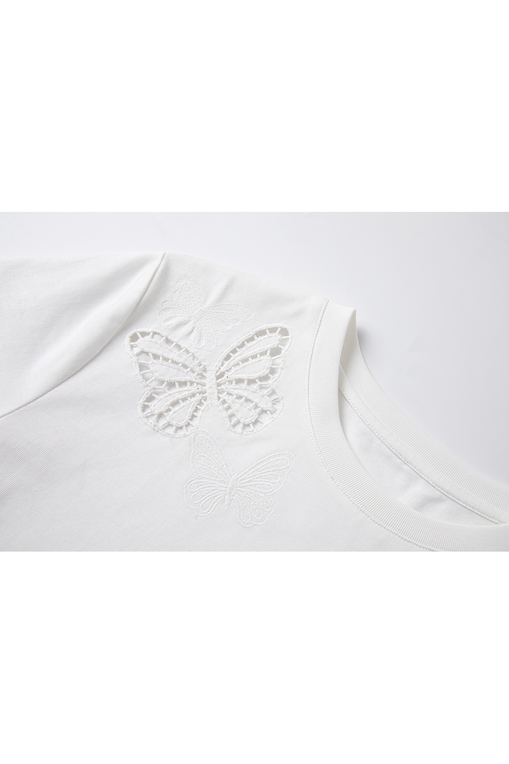 Cotton Round Neck Short-Sleeve Tee with Butterfly Cut-Out Embroidery-VIMLYSTORE