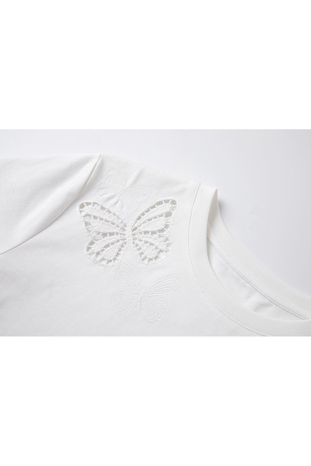 Cotton Round Neck Short-Sleeve Tee with Butterfly Cut-Out Embroidery-VIMLYSTORE