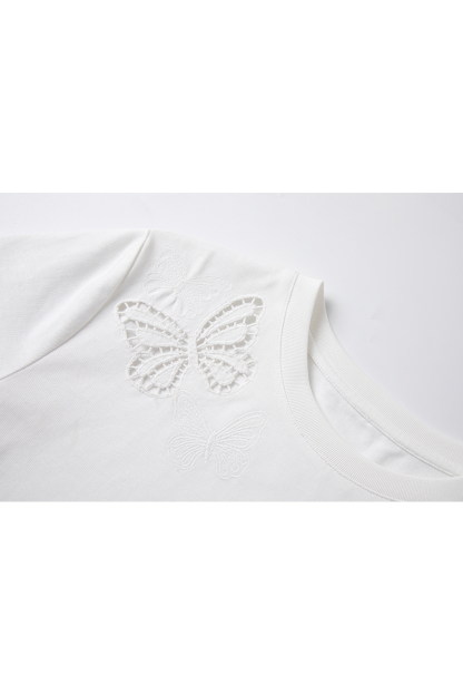 Cotton Round Neck Short-Sleeve Tee with Butterfly Cut-Out Embroidery-VIMLYSTORE