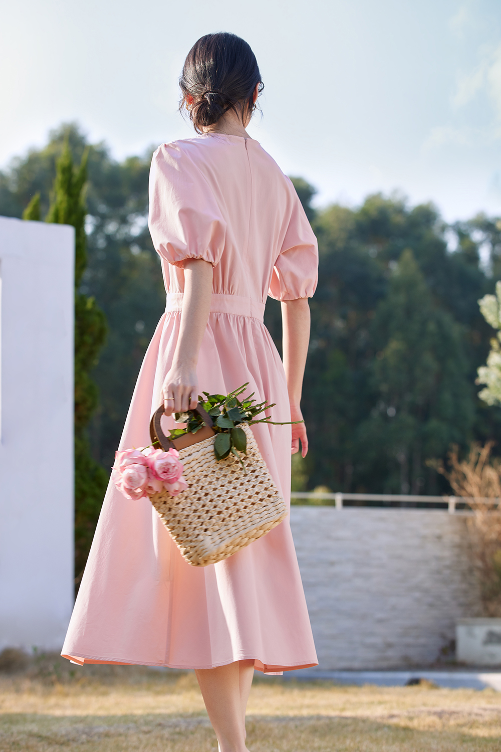 French-Elegance Slimming Puff-Sleeve Midi Dress-VIMLYSTORE