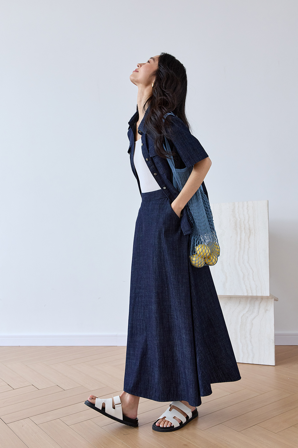 Office-Chic Denim Shacket & A-Line Skirt Set-VIMLYSTORE